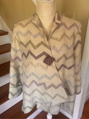 IC Collection Zig Zag Lagenlook Asymmetric Jacket M Artsy Neutral Blazer EUC